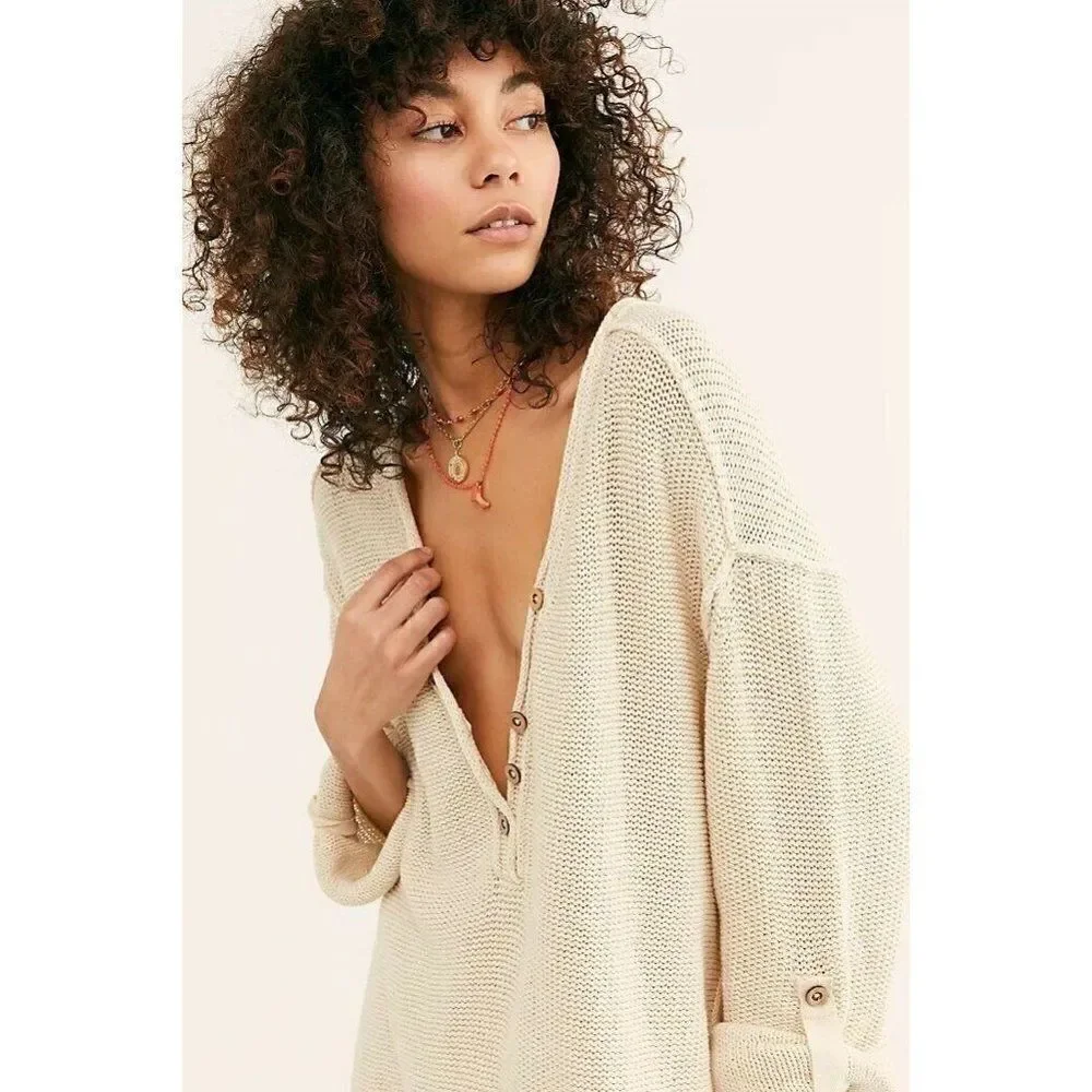 NEW WE THE FREE PEOPLE Sz S FIREFLY TUNIC HENLEY SWEATER IN NATURAL